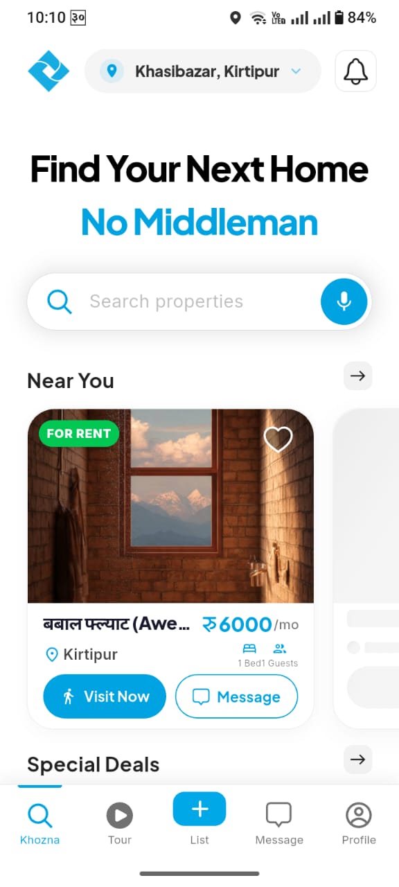Khozna app home feed showing rental listings in Kathmandu